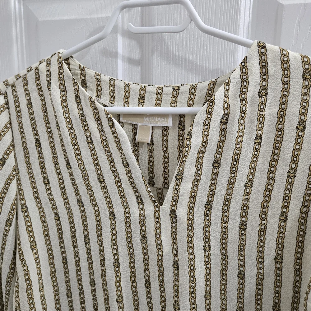 MICHAEL Michael Kors Chain Striped Cream & Gold 3/4 Tie Sleeve Blouse Size L - Picture 2 of 11